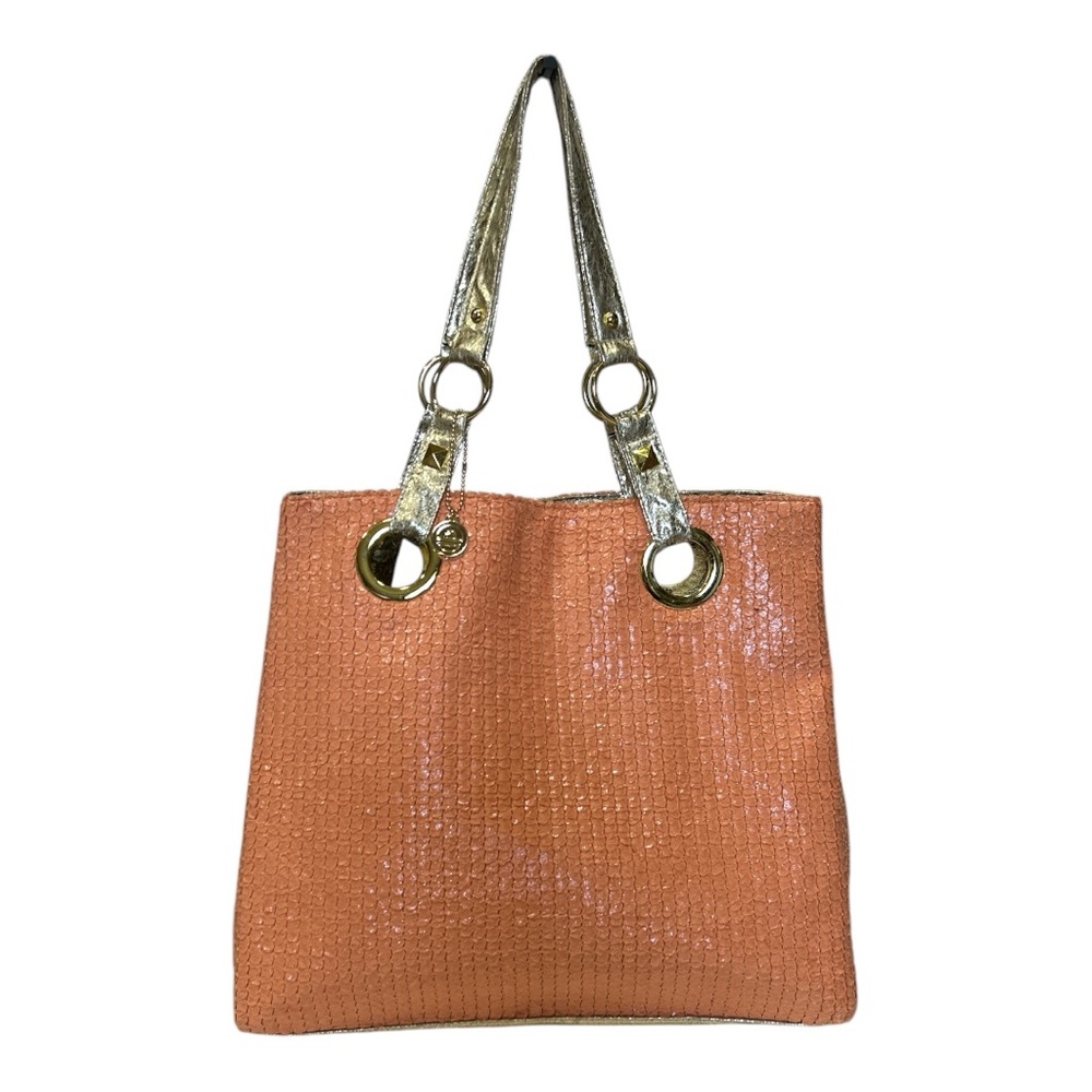 Big Buddha Tote Bag Coral Textured Pattern Gold Trim - Picture 3 of 15